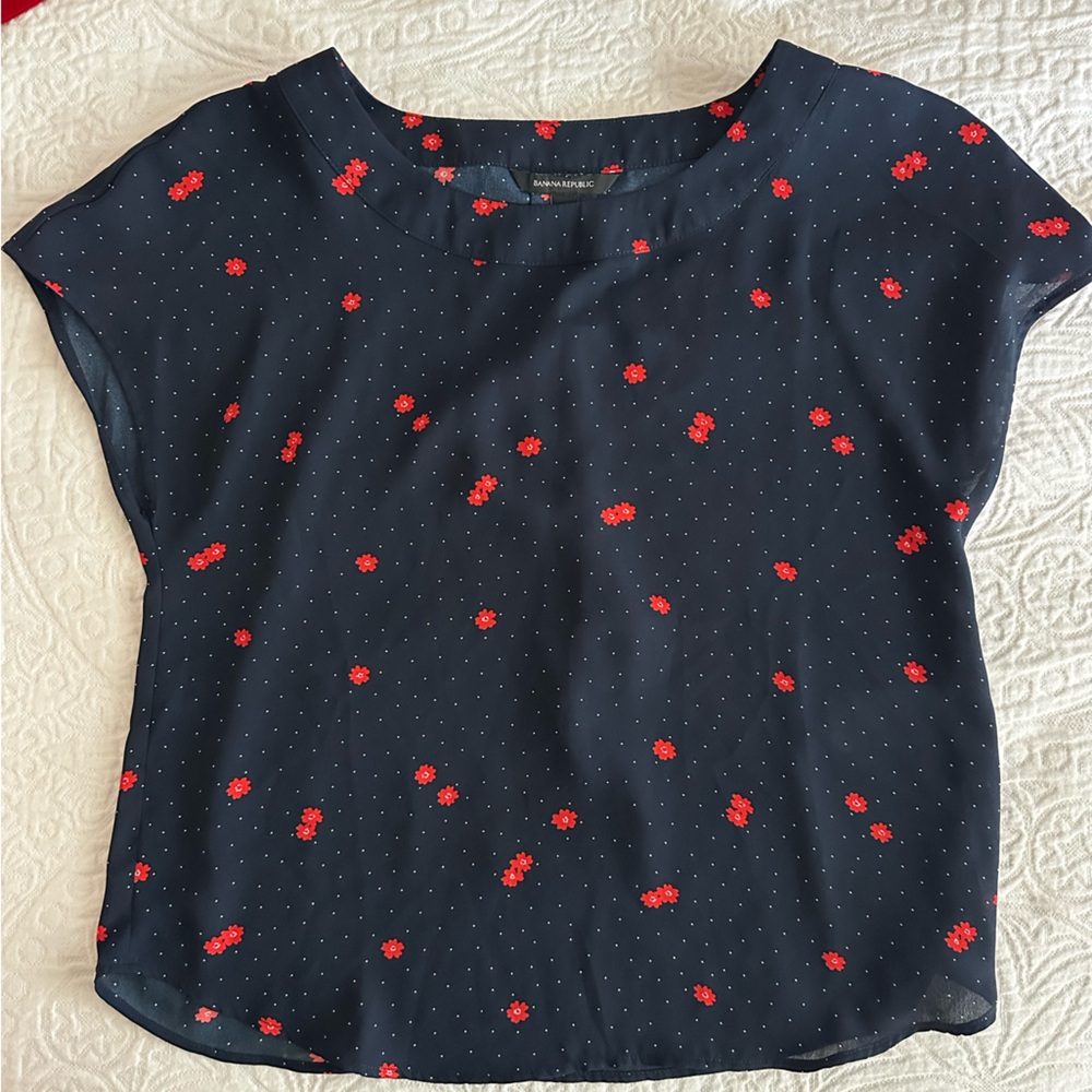 Banana Republic Navy Blouse with Red Floral Pattern